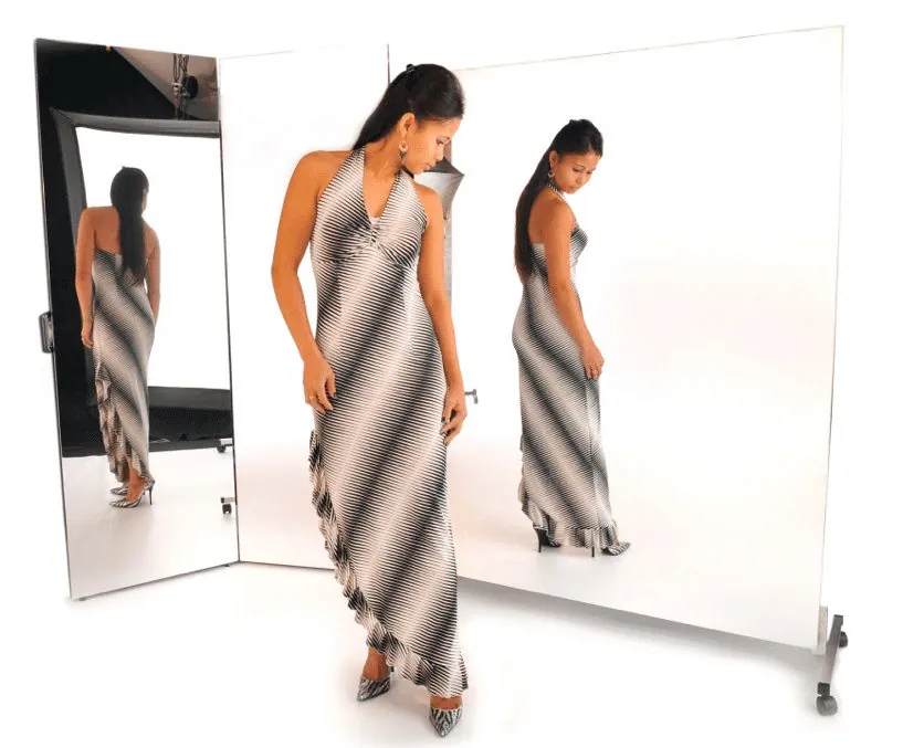 Model reflected in a freestanding Mylar glassless mirror