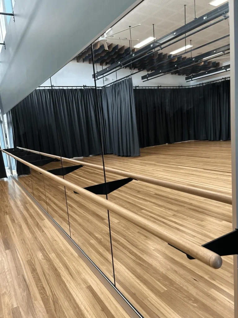 Mirror wall with barre on STM mirror wall brackets reflecting curtains and floor