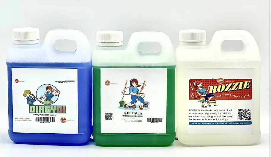 Dirty Di, Sadie Suds and Rozzie dance floor cleaning and grip products